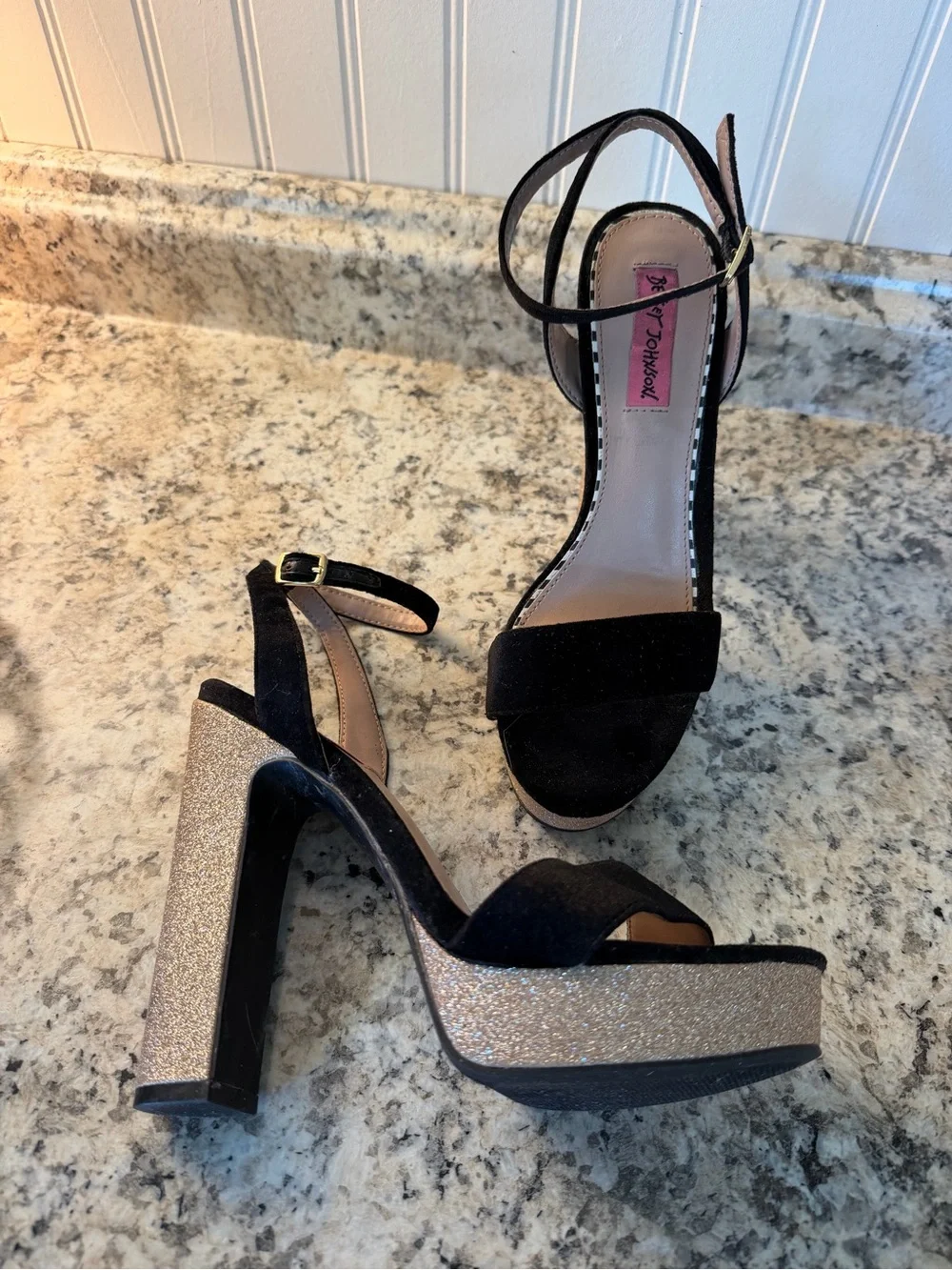 Betsey Johnson Black Platform Ankle-Strap Sandals with Gold Glitter Heel